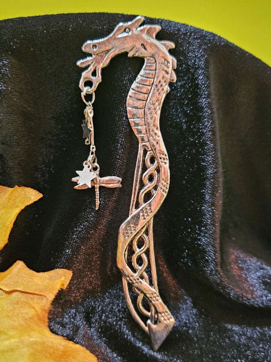 Bookhook: Celtic Silver Dragon with dragonfly and star charms