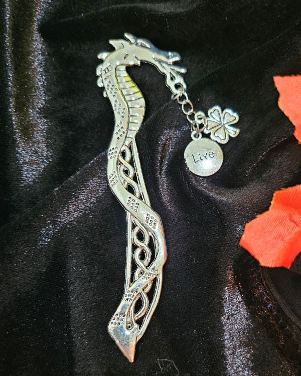 Bookhook: Celtic Silver dragon with shamrock and "live" charms