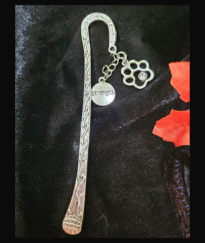 Bookhook: Silver shepherd's crook with pawprint charm